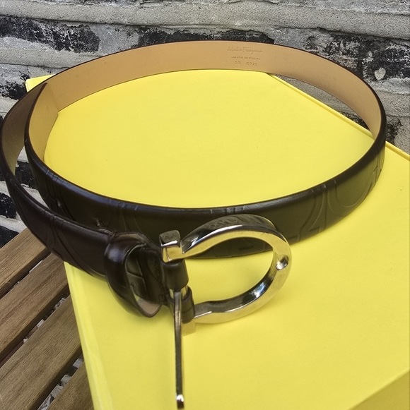 Salvatore Ferragamo Brown Leather Belt with Silver Buckle